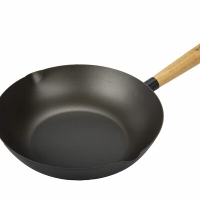 Wok en acier carbone naturel avec poignée en bois - 28 cm - Convient aux plaques : Électriques, gaz, induction, vitro-céramique