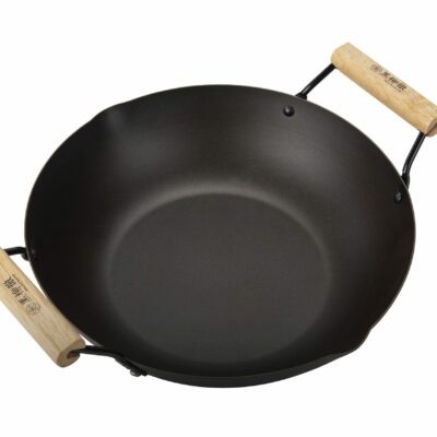 Wok en acier carbone naturel avec double poignée en bois - 36 cm - Convient aux plaques : Électriques, gaz, induction, vitro-céramique