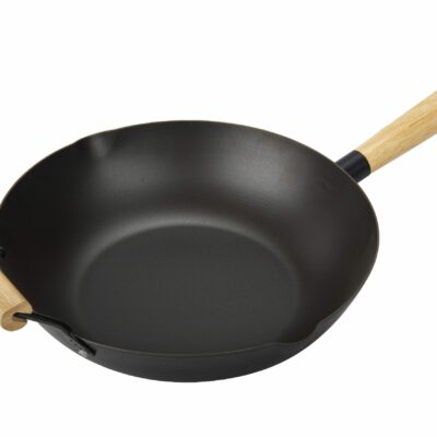 Wok en acier carbone naturel avec poignée en bois et poignée auxiliaire - 24 cm - Convient aux plaques : Électriques, gaz, induction, vitro-céramique